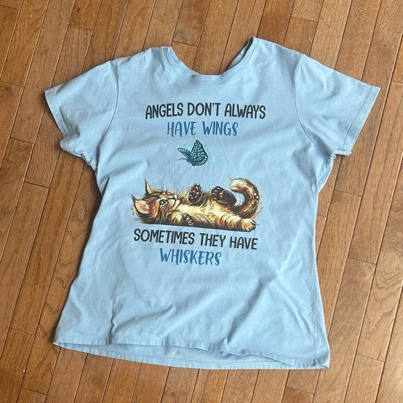 Blue Graphic T-Shirt with Cat and Butterfly. Size L - Picture 2 of 6